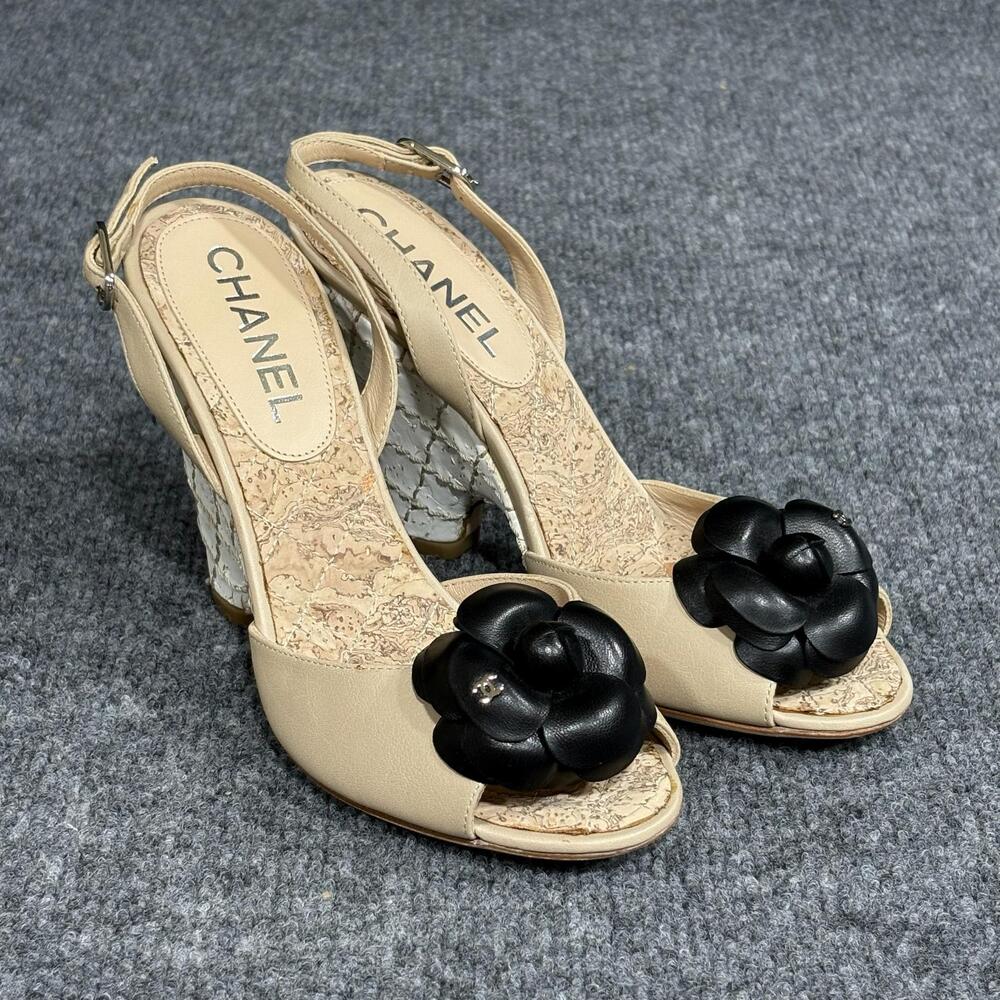 Chanel Wedge Sandals Womens Size 5 EU 35.5 Beige Camellia Slingback Made Italy